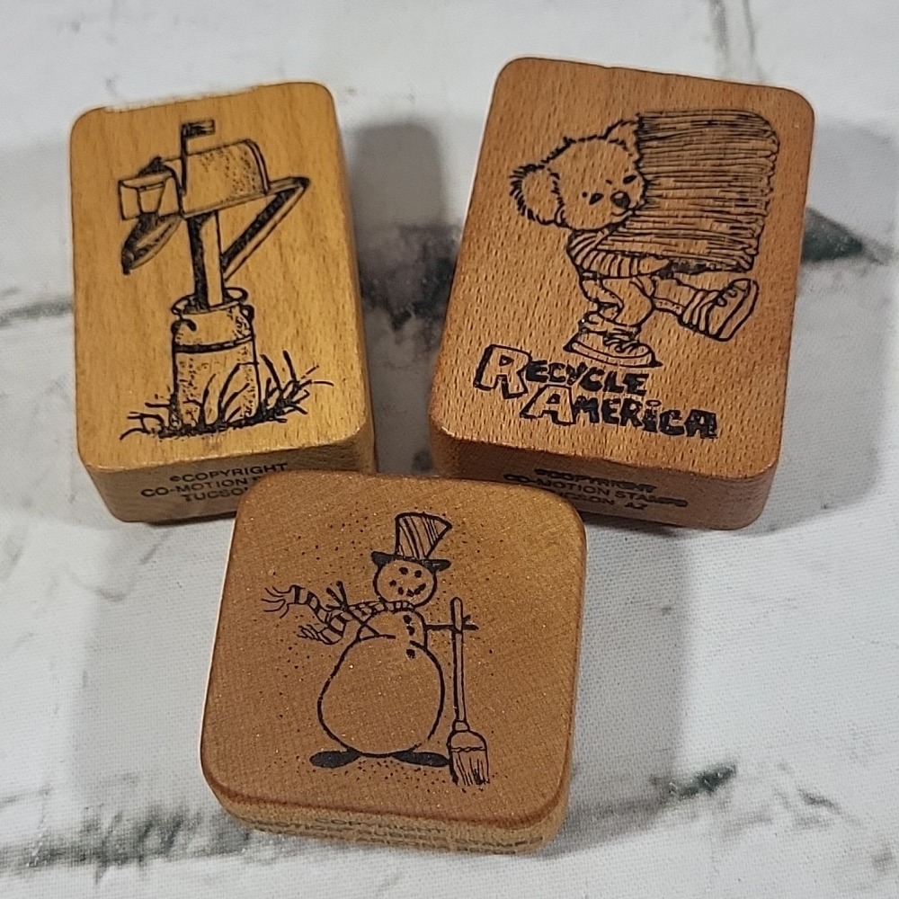 Vintage Co-Motion Rubber Stamps Lot‎ Of 3 Mailbox Snowman Koala Recycle Crafts
